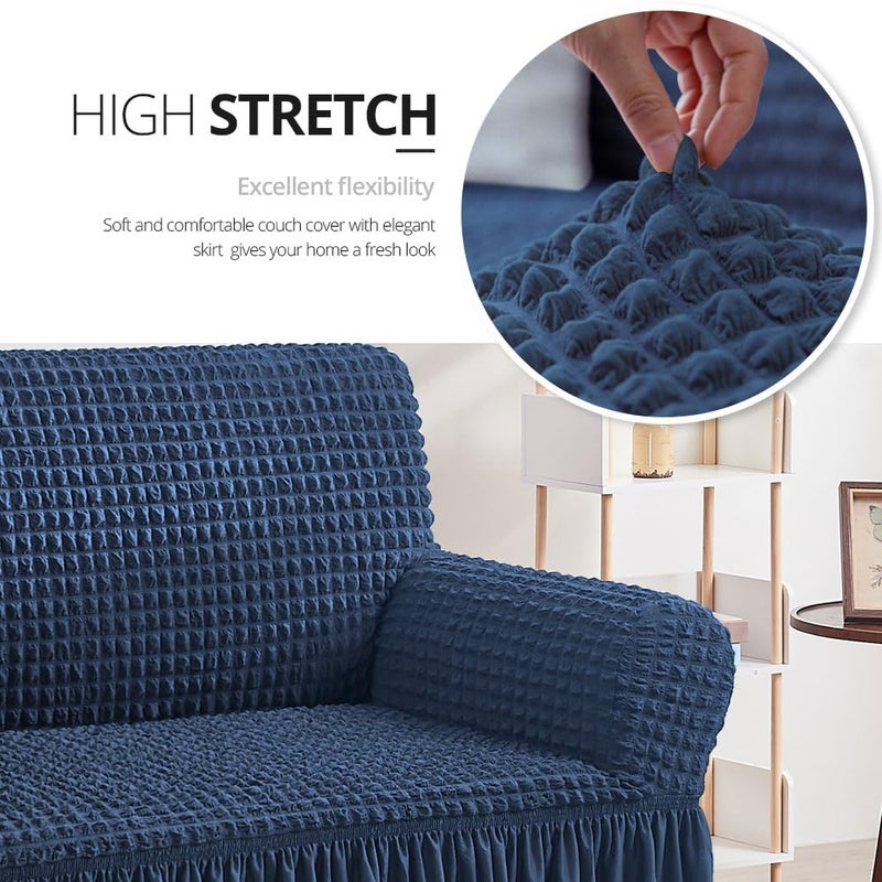 NICEEC Armchair Slipcover Blue Armchair Covers 1 Piece Easy Fitted Sofa Couch Cover Universal High Stretchable Durable Furniture Protector with Skirt Country Style (1 Seater Navy Blue) - Image 2